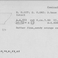 Index card with typed and handwritten information, sometimes including a sketch, of pottery from an excavation.