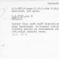 Index card with typed and handwritten information, sometimes including a sketch, of pottery from an excavation.