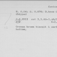 Index card with typed and handwritten information, sometimes including a sketch, of pottery from an excavation.