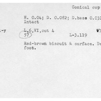Index card with typed and handwritten information, sometimes including a sketch, of pottery from an excavation.