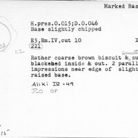 Index card with typed and handwritten information, sometimes including a sketch, of pottery from an excavation.