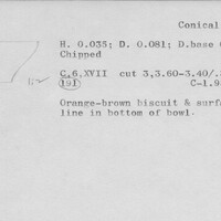 Index card with typed and handwritten information, sometimes including a sketch, of pottery from an excavation.