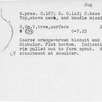 Index card with typed and handwritten information, sometimes including a sketch, of pottery from an excavation.