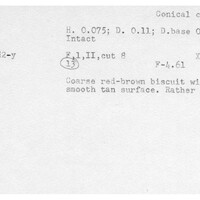 Index card with typed and handwritten information, sometimes including a sketch, of pottery from an excavation.