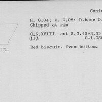 Index card with typed and handwritten information, sometimes including a sketch, of pottery from an excavation.
