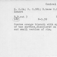Index card with typed and handwritten information, sometimes including a sketch, of pottery from an excavation.