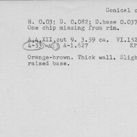 Index card with typed and handwritten information, sometimes including a sketch, of pottery from an excavation.