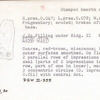 Index card with typed and handwritten information, sometimes including a sketch, of pottery from an excavation.