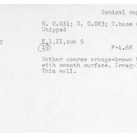 Index card with typed and handwritten information, sometimes including a sketch, of pottery from an excavation.