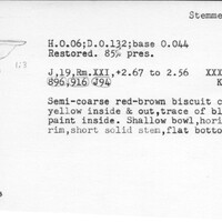 Index card with typed and handwritten information, sometimes including a sketch, of pottery from an excavation.