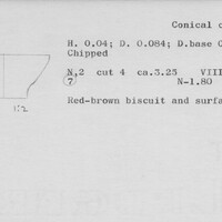 Index card with typed and handwritten information, sometimes including a sketch, of pottery from an excavation.