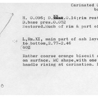 Index card with typed and handwritten information, sometimes including a sketch, of pottery from an excavation.