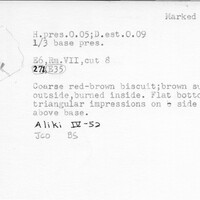 Index card with typed and handwritten information, sometimes including a sketch, of pottery from an excavation.