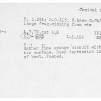 Index card with typed and handwritten information, sometimes including a sketch, of pottery from an excavation.