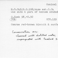 Index card with typed and handwritten information, sometimes including a sketch, of pottery from an excavation.
