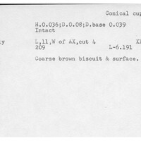 Index card with typed and handwritten information, sometimes including a sketch, of pottery from an excavation.