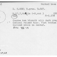 Index card with typed and handwritten information, sometimes including a sketch, of pottery from an excavation.