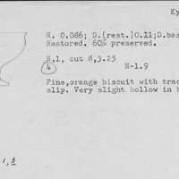Index card with typed and handwritten information, sometimes including a sketch, of pottery from an excavation.