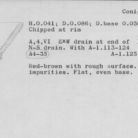 Index card with typed and handwritten information, sometimes including a sketch, of pottery from an excavation.