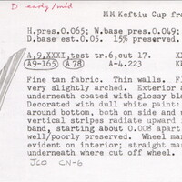 Index card with typed and handwritten information, sometimes including a sketch, of pottery from an excavation.