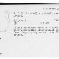 Index card with typed and handwritten information, sometimes including a sketch, of pottery from an excavation.