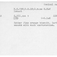 Index card with typed and handwritten information, sometimes including a sketch, of pottery from an excavation.