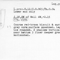 Index card with typed and handwritten information, sometimes including a sketch, of pottery from an excavation.