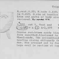 Index card with typed and handwritten information, sometimes including a sketch, of pottery from an excavation.