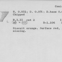 Index card with typed and handwritten information, sometimes including a sketch, of pottery from an excavation.