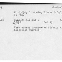 Index card with typed and handwritten information, sometimes including a sketch, of pottery from an excavation.