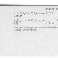 Index card with typed and handwritten information, sometimes including a sketch, of pottery from an excavation.