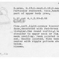Index card with typed and handwritten information, sometimes including a sketch, of pottery from an excavation.