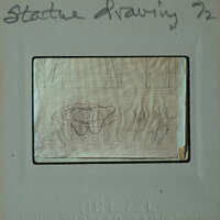 A vintage x-ray film with handwritten notes and diagrams on it, encased in a protective cover.