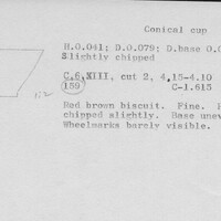 Index card with typed and handwritten information, sometimes including a sketch, of pottery from an excavation.