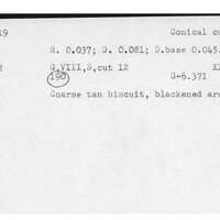 Index card with typed and handwritten information, sometimes including a sketch, of pottery from an excavation.