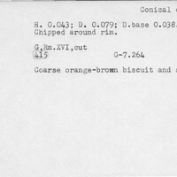 Index card with typed and handwritten information, sometimes including a sketch, of pottery from an excavation.