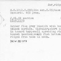 Index card with typed and handwritten information, sometimes including a sketch, of pottery from an excavation.