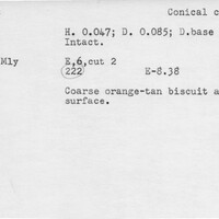 Index card with typed and handwritten information, sometimes including a sketch, of pottery from an excavation.