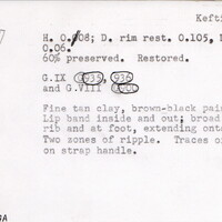 Index card with typed and handwritten information, sometimes including a sketch, of pottery from an excavation.