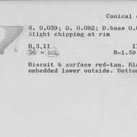 Index card with typed and handwritten information, sometimes including a sketch, of pottery from an excavation.