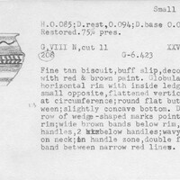 Index card with typed and handwritten information, sometimes including a sketch, of pottery from an excavation.