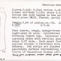Index card with typed and handwritten information, sometimes including a sketch, of pottery from an excavation.