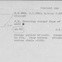 Index card with typed and handwritten information, sometimes including a sketch, of pottery from an excavation.