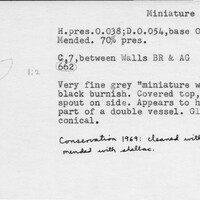 Index card with typed and handwritten information, sometimes including a sketch, of pottery from an excavation.