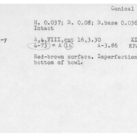 Index card with typed and handwritten information, sometimes including a sketch, of pottery from an excavation.