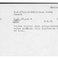 Index card with typed and handwritten information, sometimes including a sketch, of pottery from an excavation.