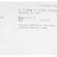Index card with typed and handwritten information, sometimes including a sketch, of pottery from an excavation.