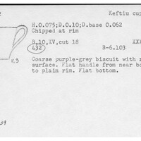 Index card with typed and handwritten information, sometimes including a sketch, of pottery from an excavation.