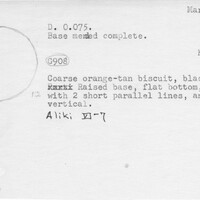 Index card with typed and handwritten information, sometimes including a sketch, of pottery from an excavation.
