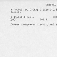 Index card with typed and handwritten information, sometimes including a sketch, of pottery from an excavation.